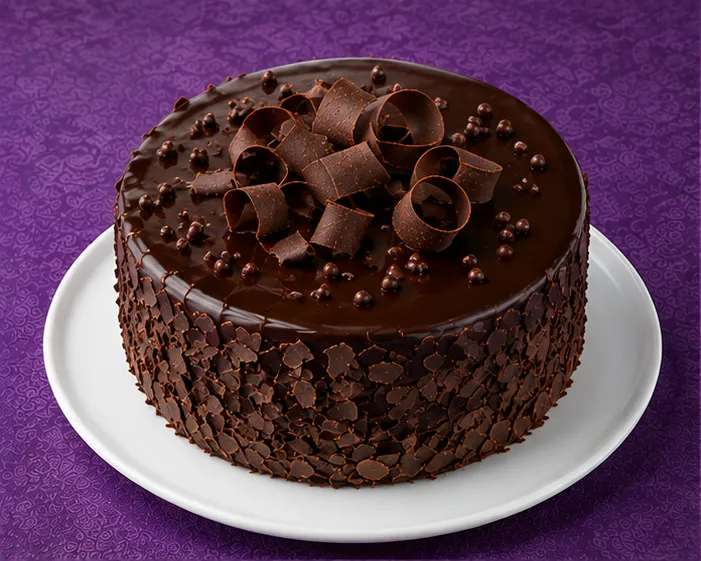 Chocolate cake with glossy ganache and chocolate curls