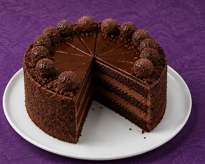 Chocolate layer cake with chocolate truffles