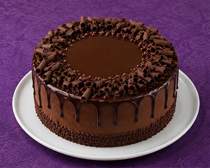Chocolate cake with ganache and chocolate curls