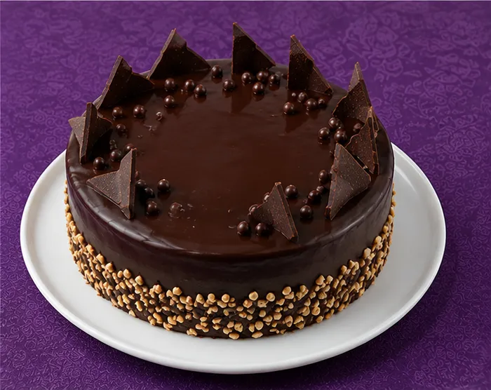 Chocolate cake with chocolate shards and nuts