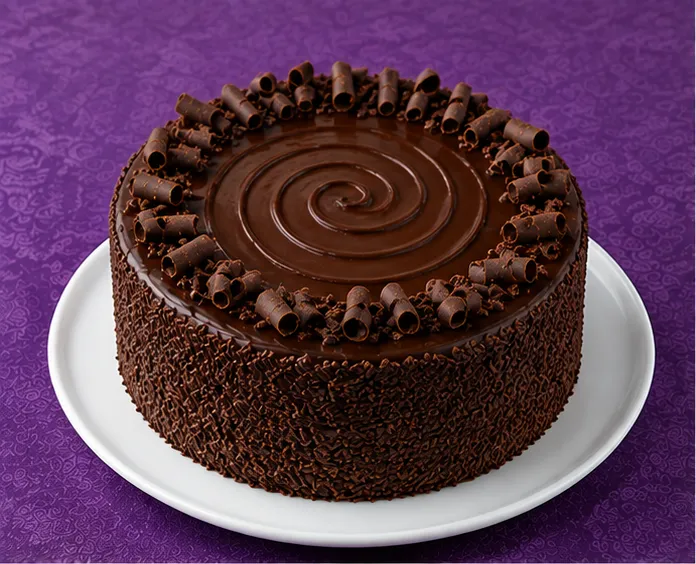 Chocolate cake with ganache, sprinkles and chocolate curls