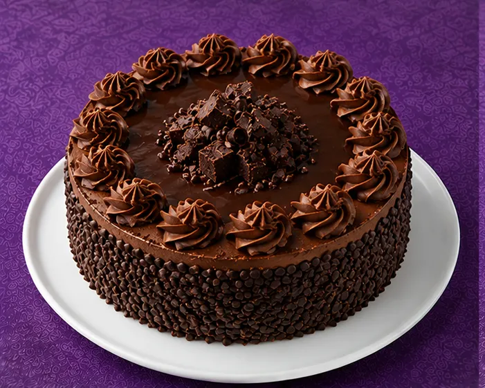 Chocolate cake with cream rosettes and chocolate shavings