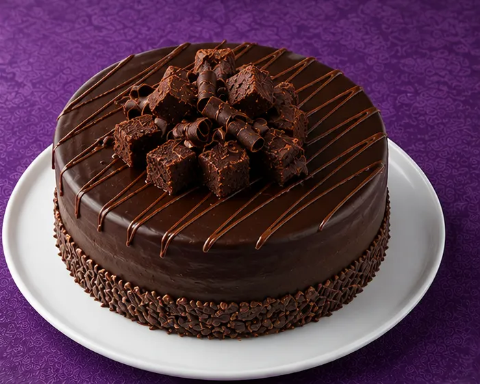 Chocolate cake with brownie pieces and chocolate curls