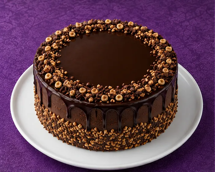 Chocolate cake with glossy ganache and chopped hazelnuts