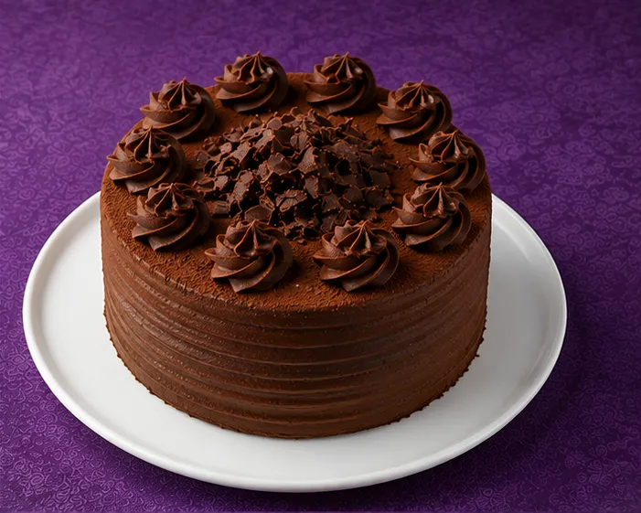 Chocolate cake with chocolate cream rosettes and flakes