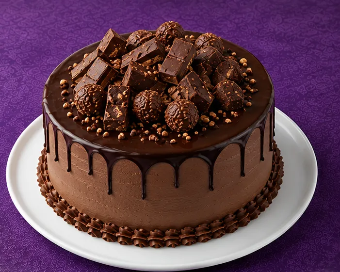 Chocolate drip cake with truffles and chocolate pieces