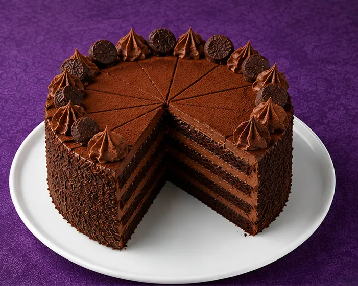 Chocolate layer cake with chocolate cream and cookies