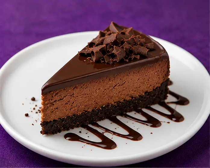Chocolate mousse cake slice with chocolate shavings