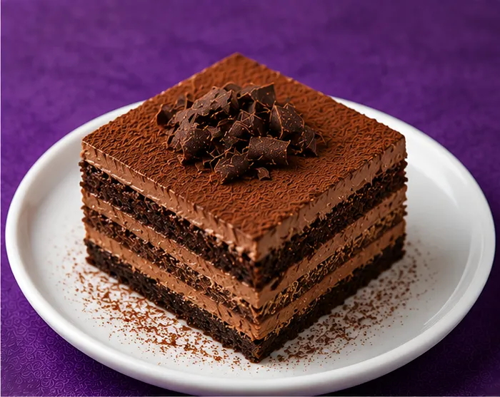Chocolate layered dessert with cream and chocolate curls