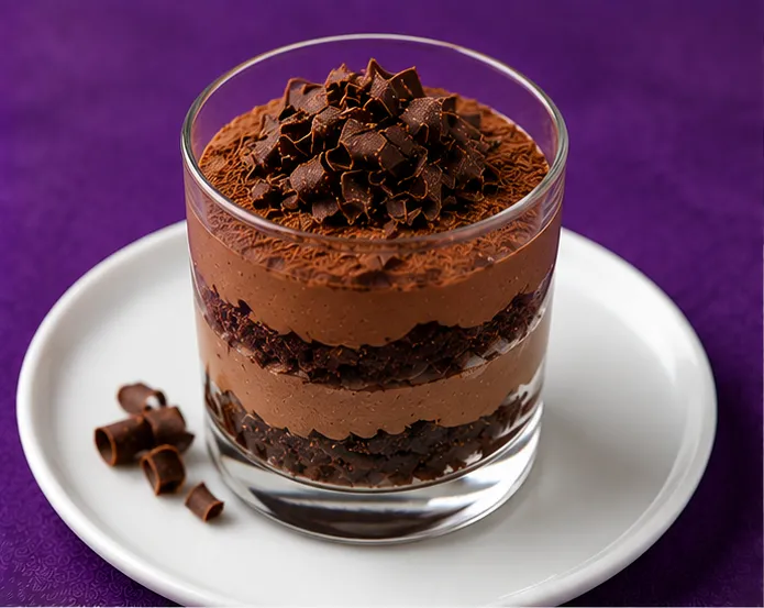 Layered chocolate mousse dessert with chocolate shavings