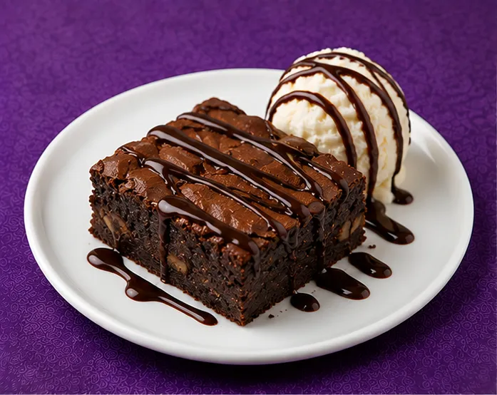 Chocolate brownie with vanilla ice cream and chocolate sauce