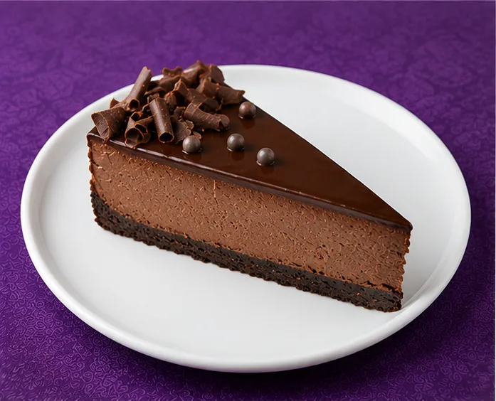 Chocolate mousse cake slice with glossy ganache and chocolate curls