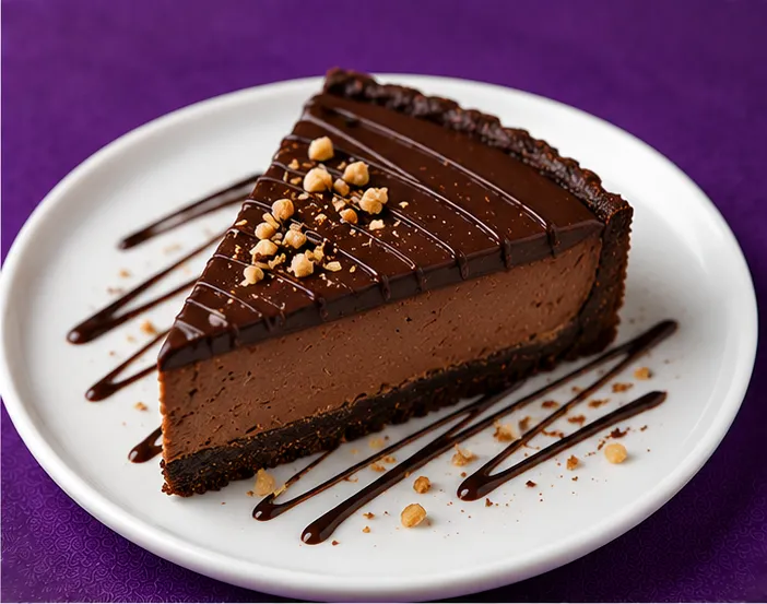 Chocolate mousse cake slice 
with glossy ganache and chopped nuts