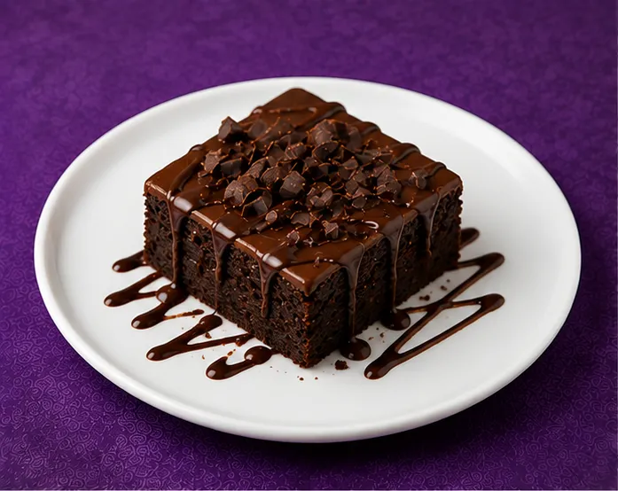 Rich chocolate brownie with chocolate sauce and chocolate chunks