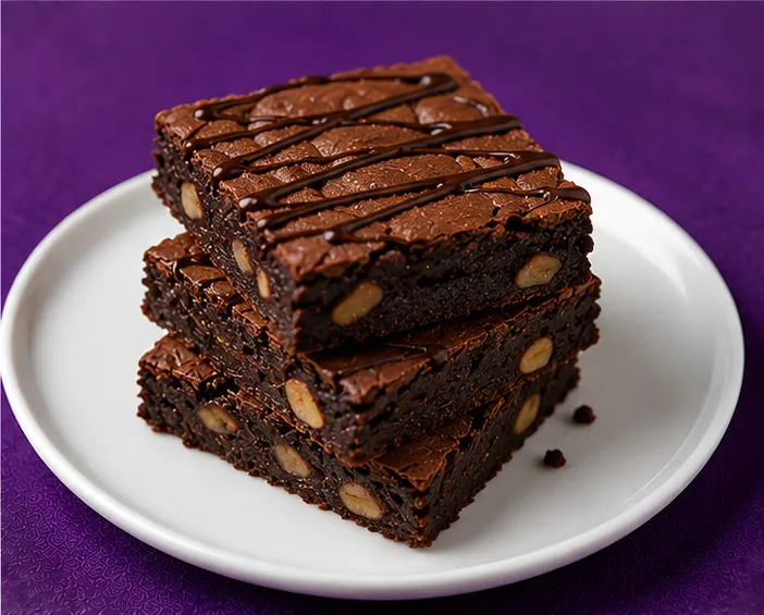 Rich chocolate brownies with nuts and chocolate drizzle