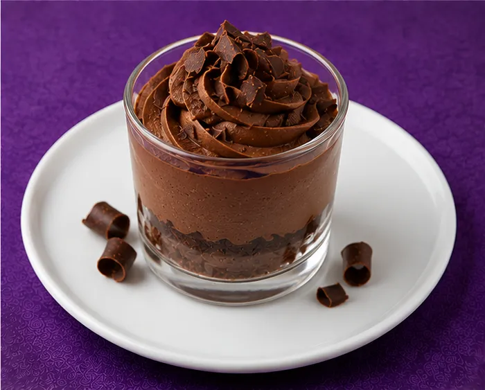 Chocolate mousse dessert with chocolate cream and curls