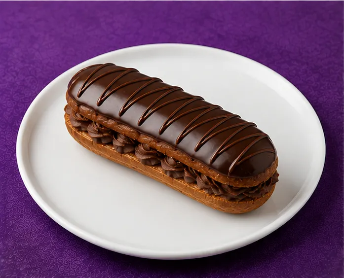 Chocolate éclair with rich chocolate cream and glaze