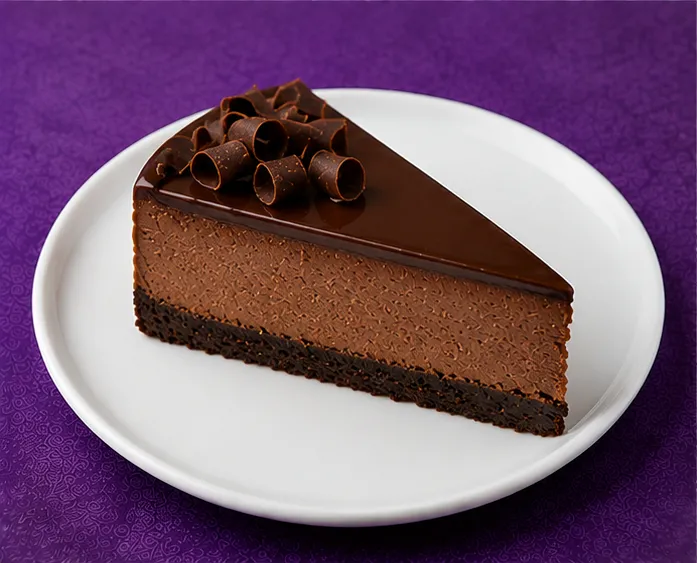 Chocolate mousse cake slice with glossy ganache and chocolate curls