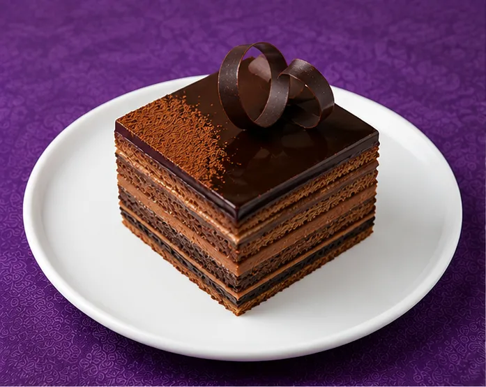 Chocolate layered dessert with glossy ganache and chocolate curls