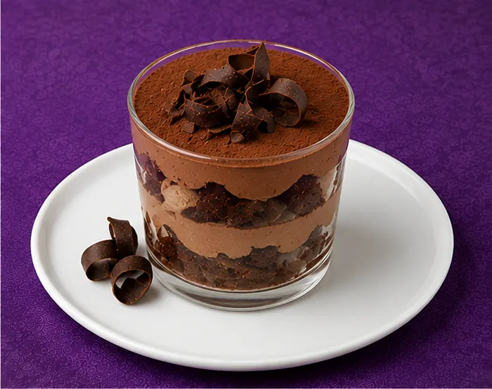 Layered chocolate mousse dessert with chocolate curls