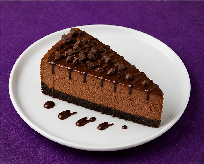 Chocolate mousse cake with chocolate chips and drizzle
