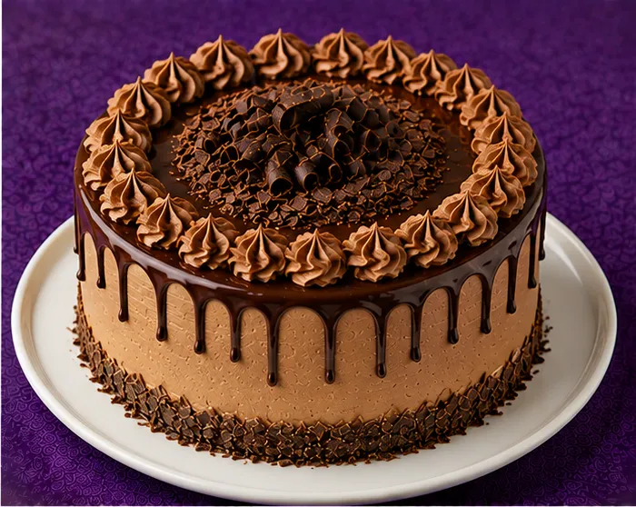 Sponge cake with chocolate cream, ganache and chocolate curls