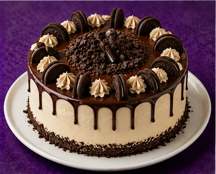 Sponge cake with chocolate drip, cream and cookies