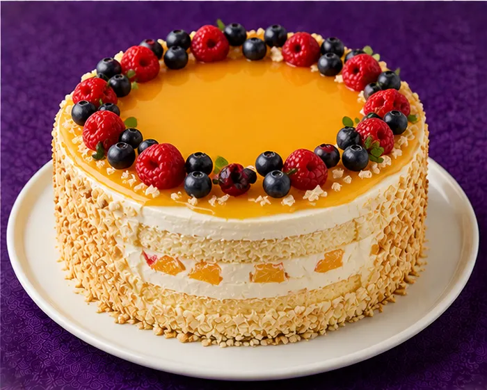 Sponge cake with fruit glaze, cream and fresh berries