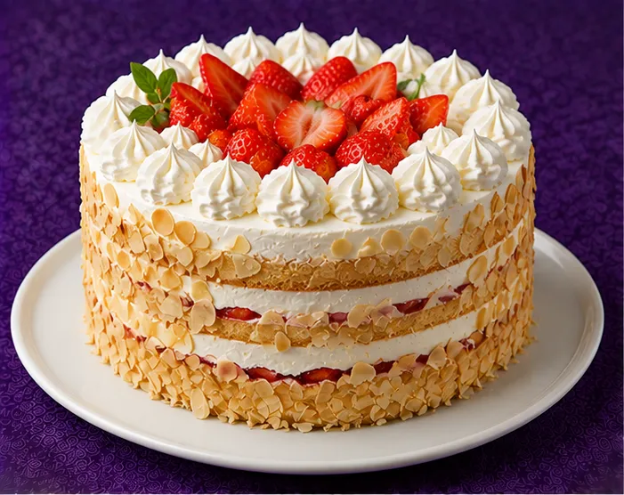 Sponge cake with cream, fresh strawberries and almonds