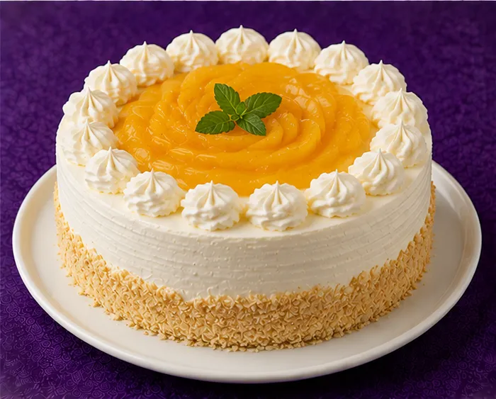 Sponge cake with cream and mango topping