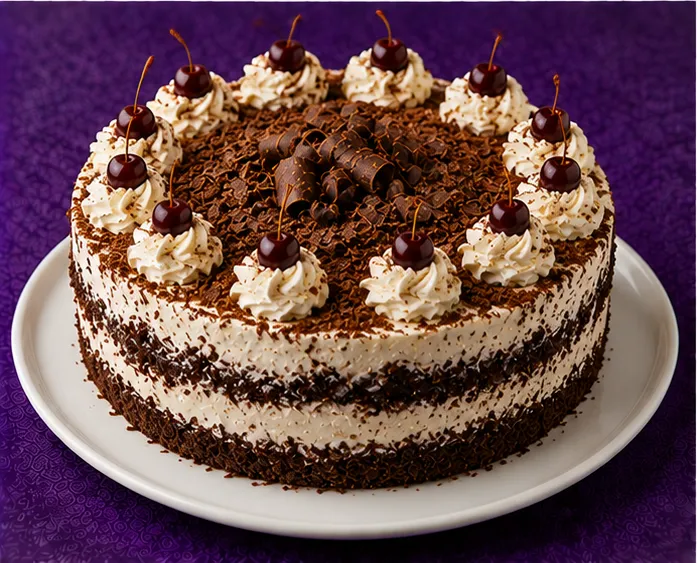 Sponge cake with cream, chocolate shavings and cherries
