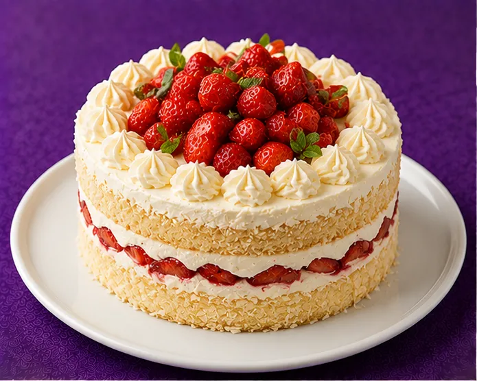 Sponge cake with cream and fresh strawberries