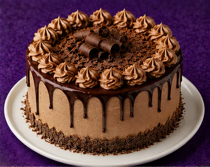 Chocolate sponge cake with cream, chocolate drip and curls