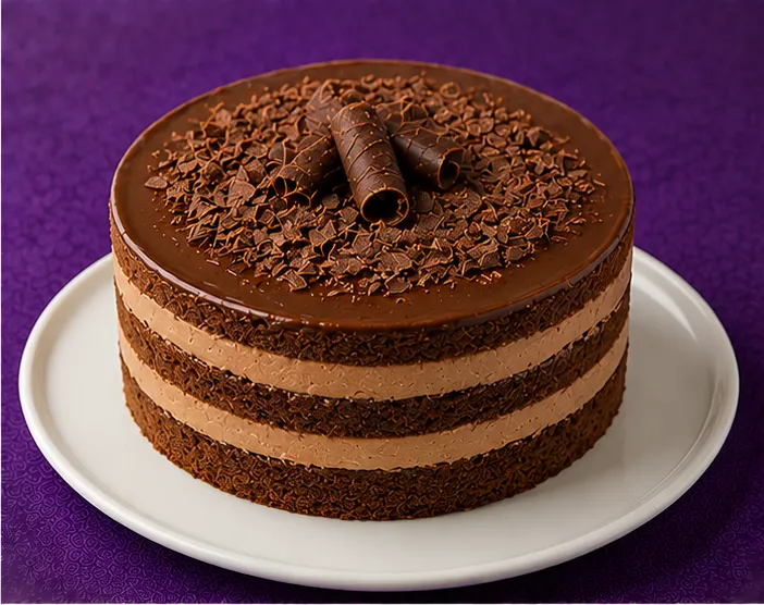 Chocolate sponge cake with cream layers and chocolate curls