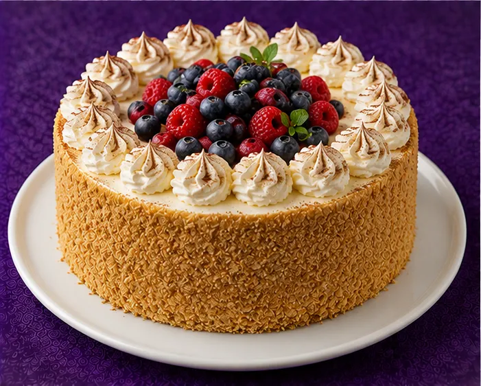 Sponge cake with cream, raspberries and blueberries