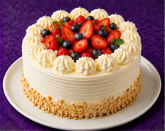 Sponge cake with cream, strawberries and blueberries