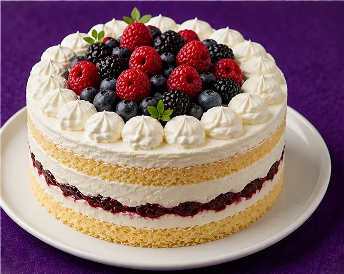 Sponge cake with cream, raspberries, blueberries and blackberries