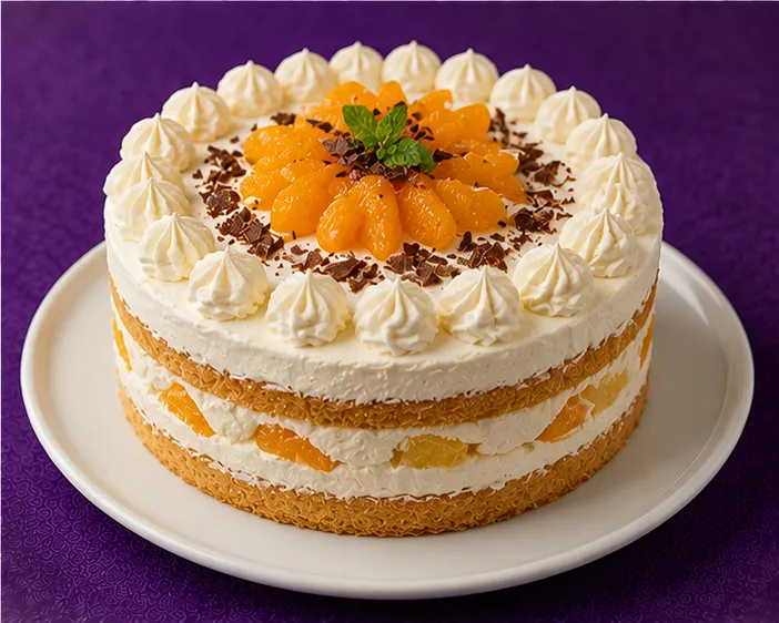 Sponge cake with cream and fresh mandarins