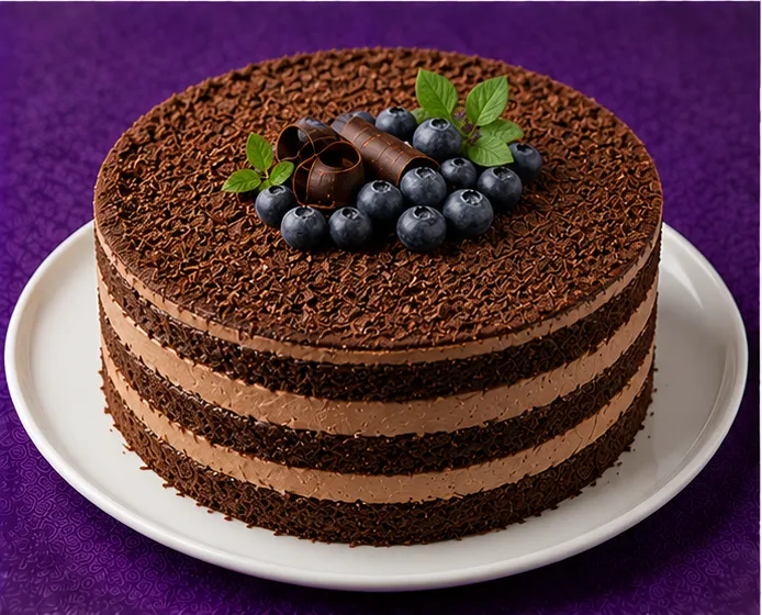 Chocolate sponge cake with cream and fresh blueberries