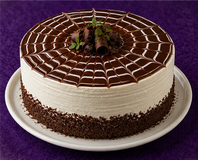 Sponge cake with chocolate spiderweb glaze and cream
