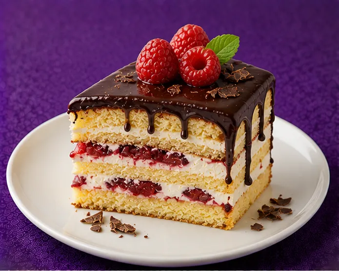 Raspberry sponge dessert with chocolate glaze