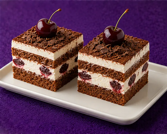 Cherry sponge dessert with cream and chocolate shavings
