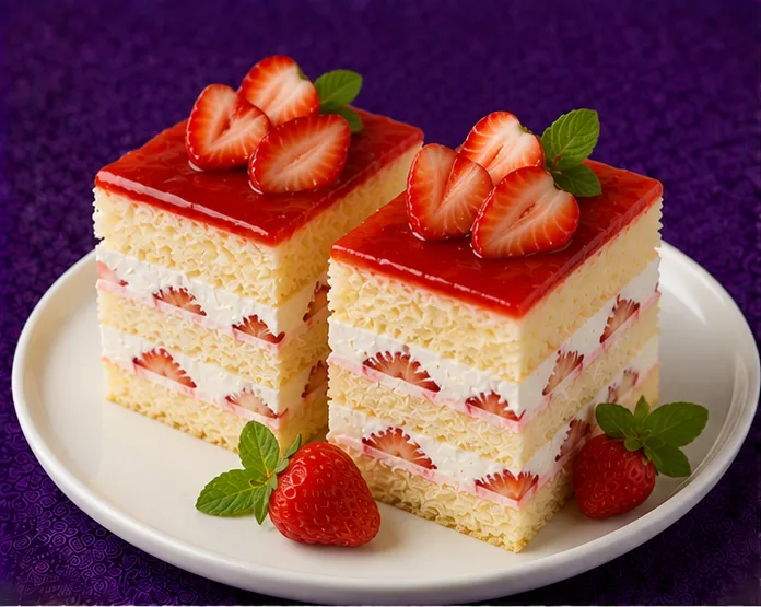 Sponge dessert with cream, chocolate and fresh berries