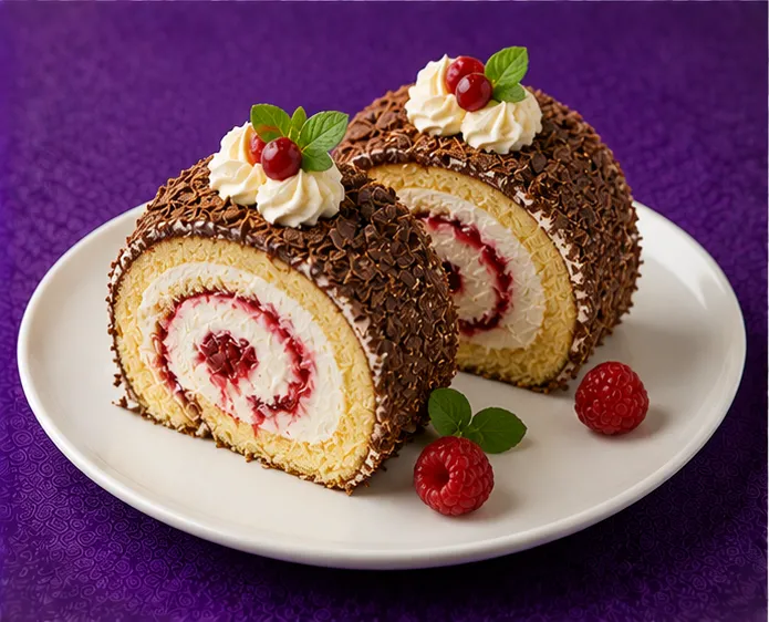 Raspberry sponge roll with cream and chocolate shavings