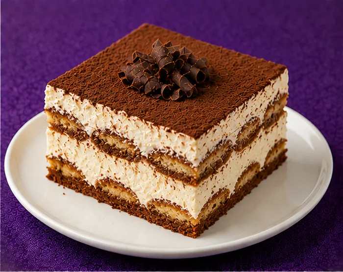 Tiramisu sponge dessert with chocolate curls
