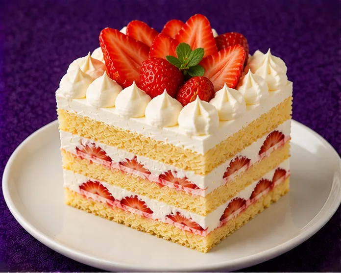 Sponge dessert with cream and fresh strawberries