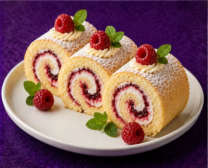 Sponge dessert with cream and fresh raspberries