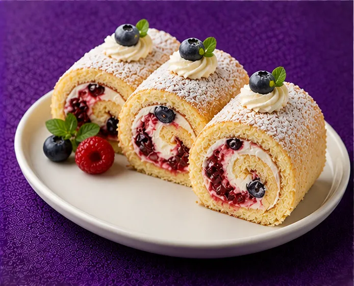 Sponge dessert with cream, chocolate and fresh berries