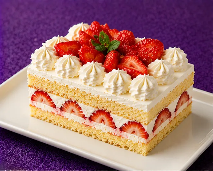 Sponge dessert with cream, strawberries and blueberries