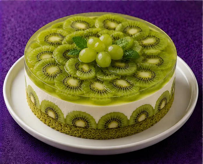 Kiwi jelly cake with green grapes